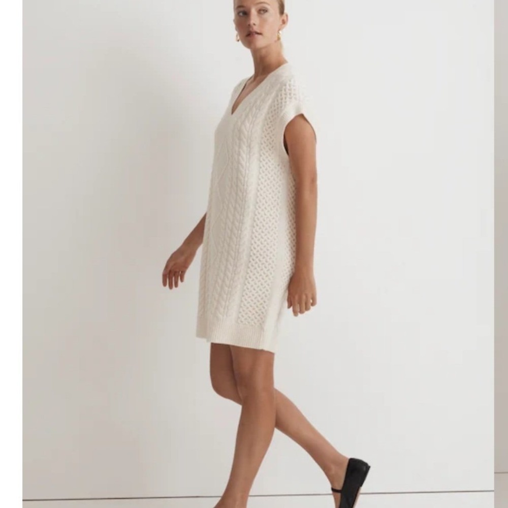 Madewell Womens XXS Ivory Wool Blend Cable Knit V-Neck Sweater Dress Tunic NWOT